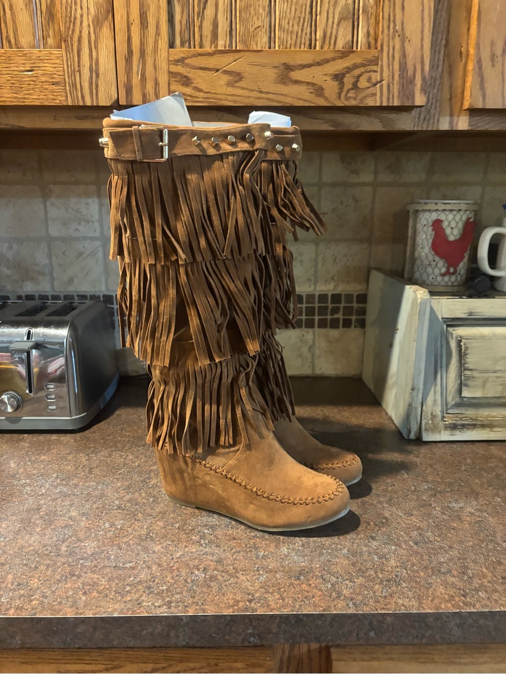 Nature Breeze Brown Suede Fringe Wedge Boots
